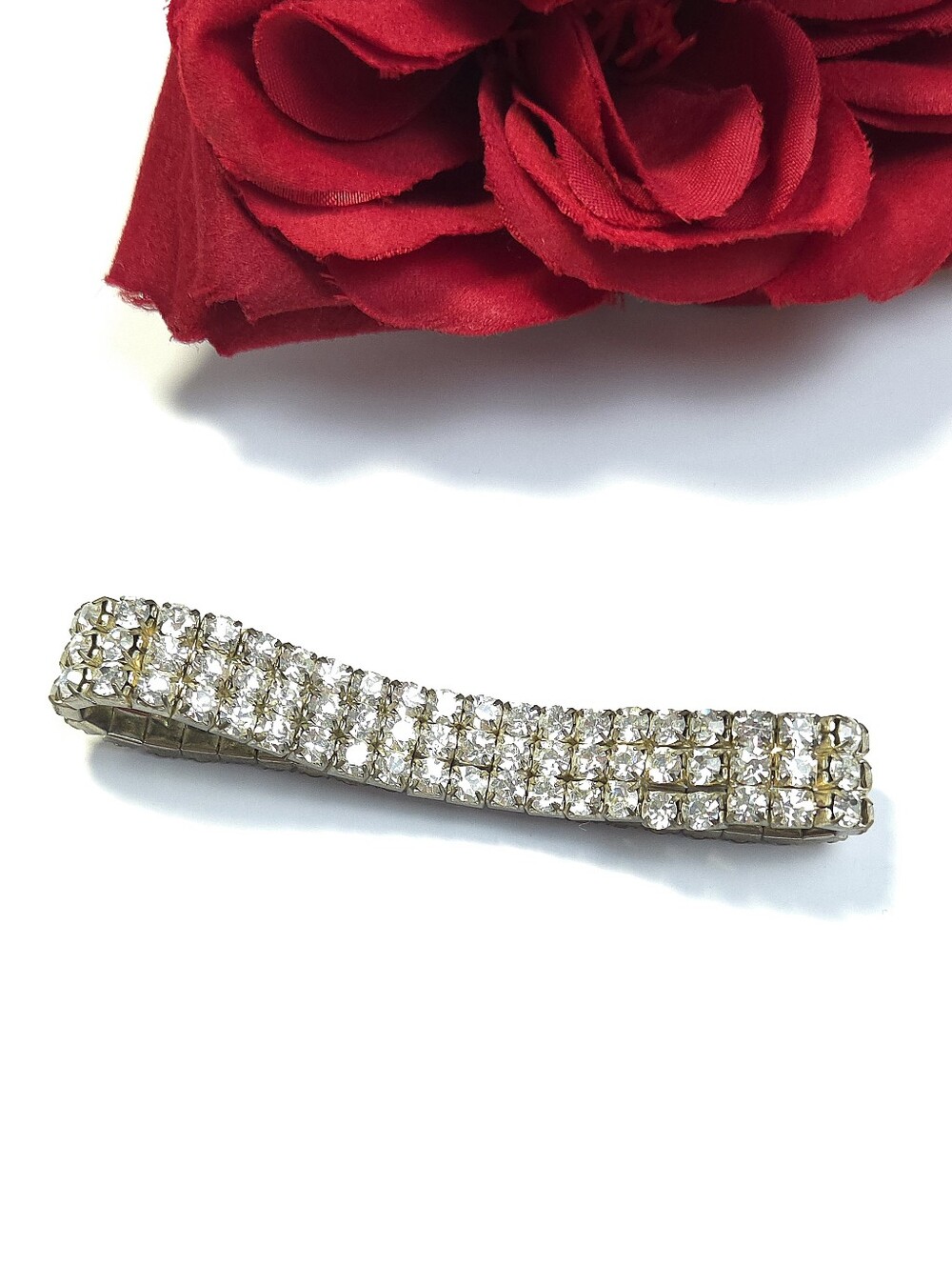 Vintage Art Deco Silver Crystal 3 Row Stretch Bracelet